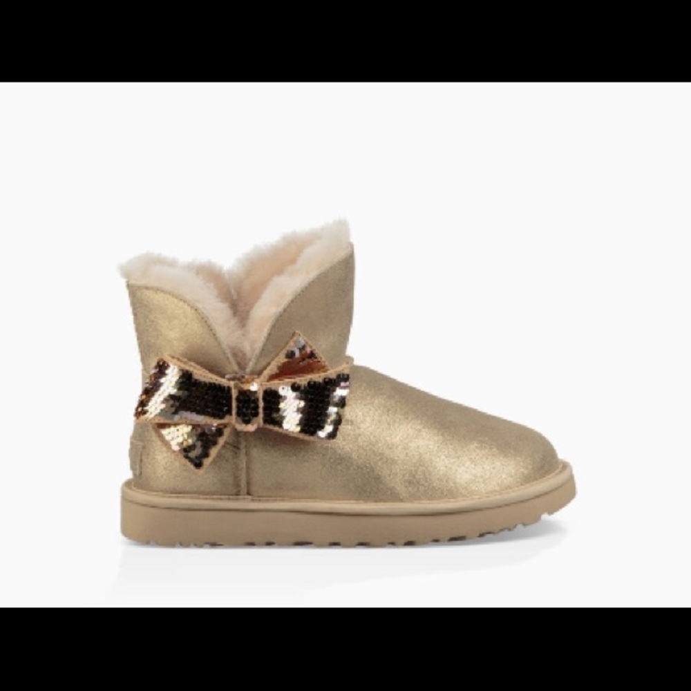 Ugg NEW Gold Shimmer Sequin Bow Mini Boots 6